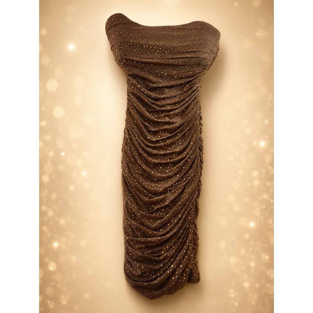 Fashion Nova Brown Strapless Bodycon Mini Dress Gold Stud Rhinestone Ruched...